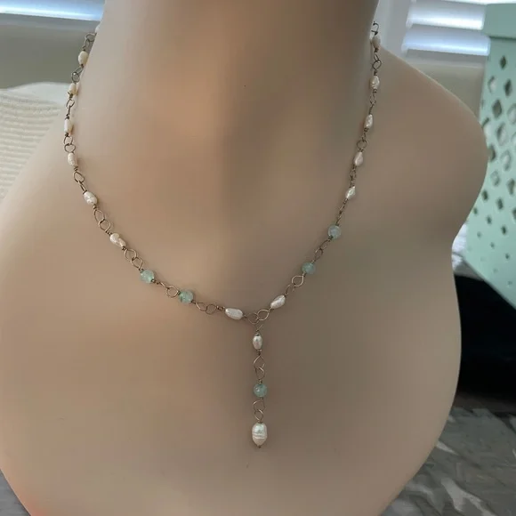 Sterling Elegant Pearl and Blue Bead Necklace - Picture 2 of 3